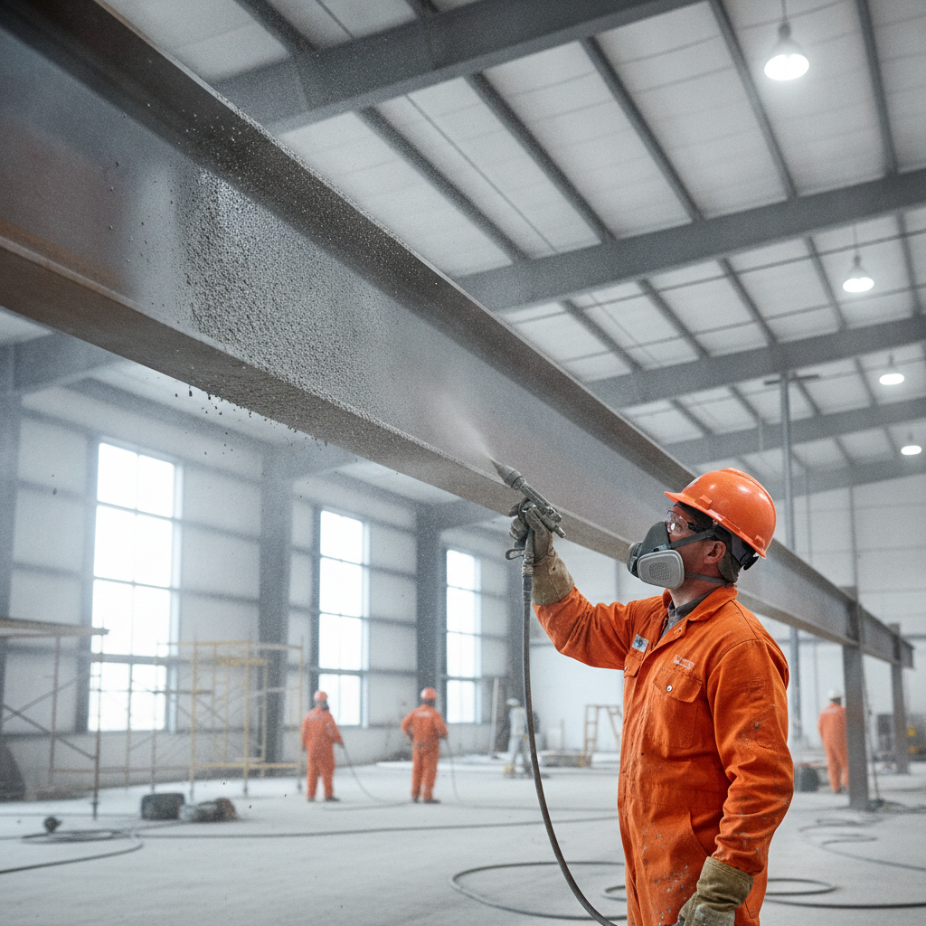 Fireproofing contractor spray-applying fire-resistive material to structural steel